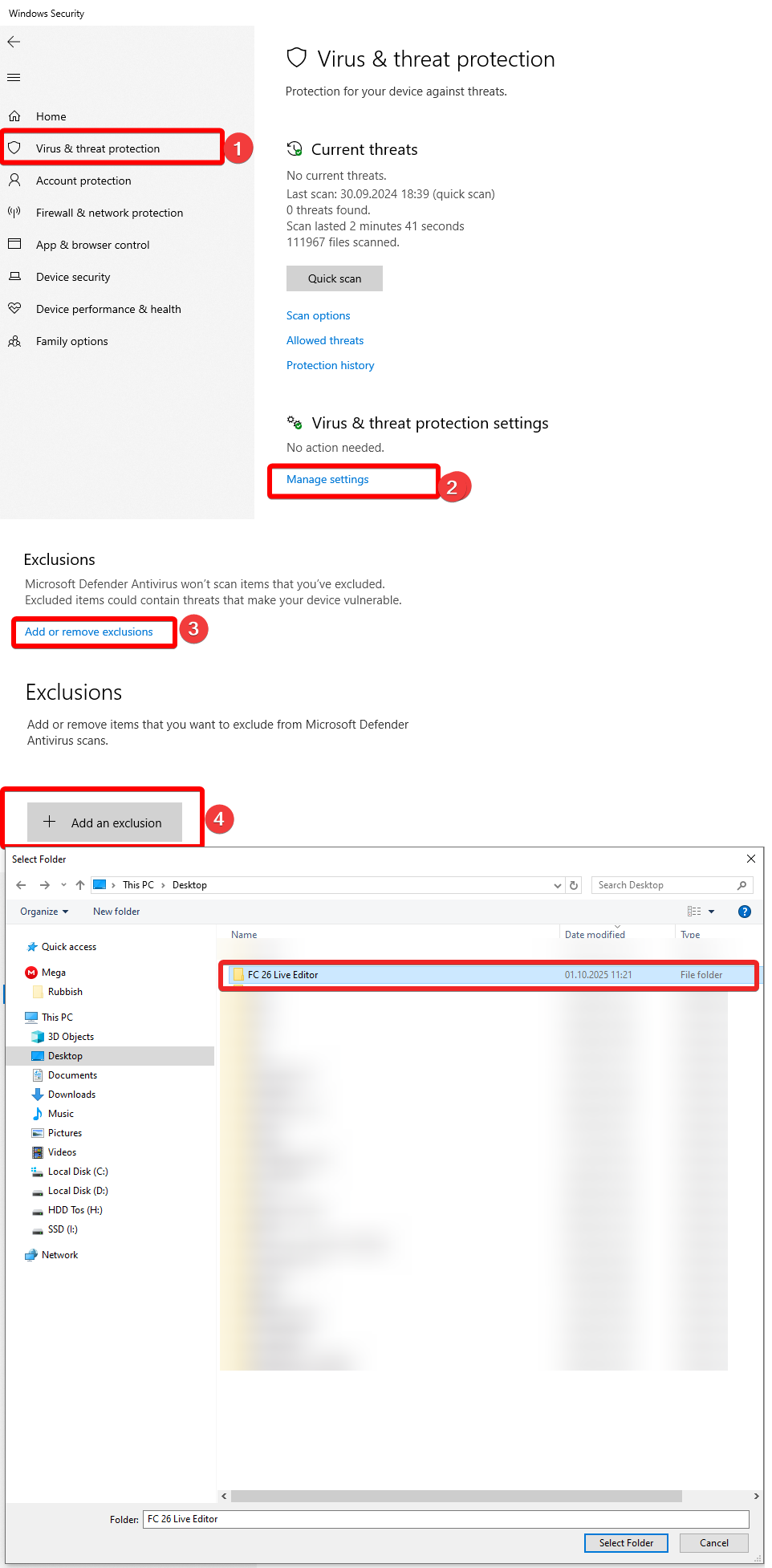Windows Security exclusion settings