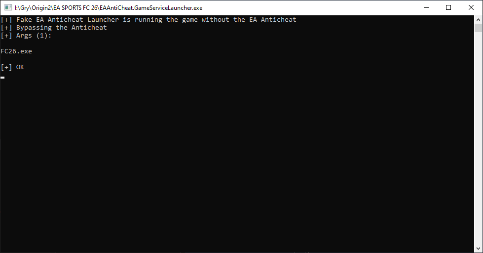 Fake EA Anticheat Launcher startup output